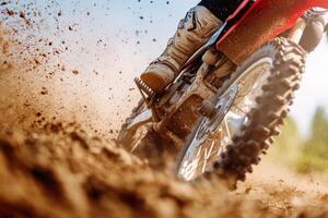 Motocross bike in action, dirt flying high, showcasing power and speed on the off-road track photo