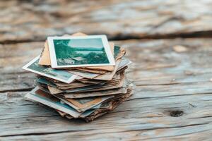 Stack of vintage photographs featuring nature scenes, resting on rustic wooden surface. Memories photo