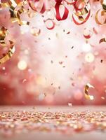 Festive celebration with falling confetti and ribbons creates a joyful and sparkling atmosphere photo