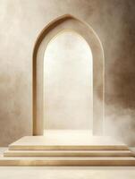 Elegant archway and platform create a sophisticated, neutral-toned presentation space photo