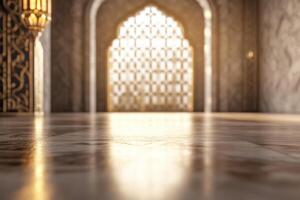 Sunlight streams through an archway illuminating marble floors of an ornate interior photo