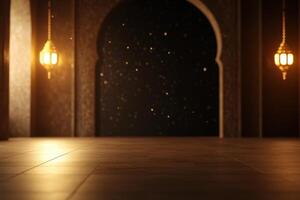 Golden lanterns illuminate a room with an archway and a gleaming, tiled floor. Warm lighting photo