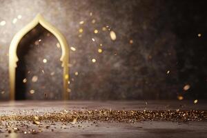 Golden archway with sparkling glitter, creating a festive and celebratory atmosphere indoors photo