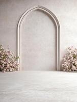 Minimalist backdrop featuring an arched opening flanked by delicate pink blossoms and a neutral tone photo
