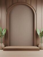 Elegant arched display space with a wooden platform, neutral tones, and green plant accents photo