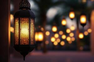 Decorative lantern glows with warm light, casting intricate patterns in a serene night setting photo