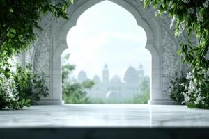 Arched doorway with white marble and foliage framing a distant view of mosque domes photo