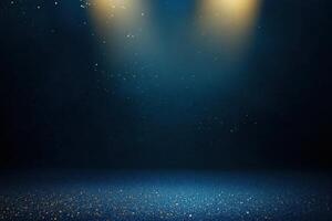 A captivating scene unfolds with a dark blue backdrop illuminated by warm spotlights and gold glitter photo