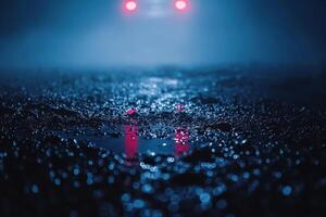 Night street, Wet asphalt reflecting red lights in a dark, blue-toned, mysterious atmosphere photo