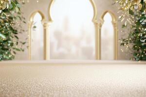 Elegant arched architecture with festive greenery and soft lighting creates a serene atmosphere photo