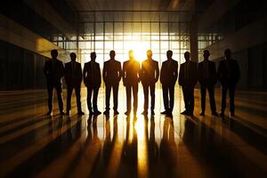 Silhouette of business people standing in front of a large window photo