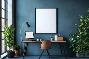 A blank frame is sitting on a desk in front of a window photo
