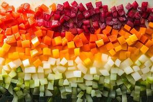 A rainbow of vegetables arranged in a square photo