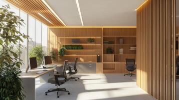 Bright office interior with natural light and indoor greenery photo