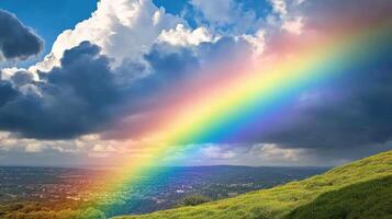 vibrant rainbow over lush green valley under a bright sky photo