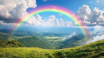 stunning rainbow arching over rolling green hills and valleys photo
