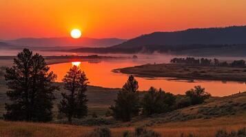misty forest lake at dawn with soft blue reflections photo