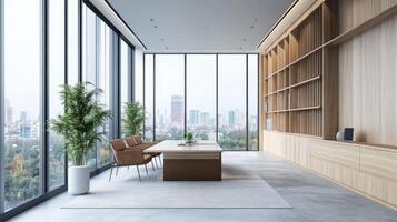 Bright modern office with panoramic windows and sleek furniture photo