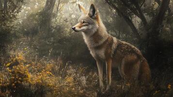 Majestic wolf standing in the forest with golden backlight photo
