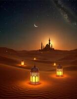 A serene Ramadan evening with a crescent moon and stars above a mosque silhouette, soft glowing lanterns hanging in the foreground, peaceful atmosphere. photo