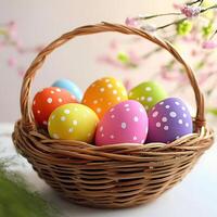 Easter basket with colored easter eggs with spring flowers at the back. polka dots photo