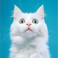 White fluffy cute cat with big yellow eyes on blue background. photo