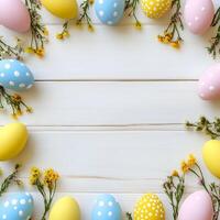 Colored Easter eggs on wooden white background with spring flowers with copy space. photo