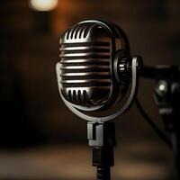 Retro microphone on a dark background. The concept of singing. Retro microphone on a stand in a recording studio, close-up. Stand up concept. photo