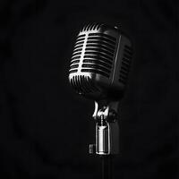 retro negro micrófono en un oscuro antecedentes. el concepto de cantando. retro micrófono en un estar en un grabación estudio, de cerca. foto