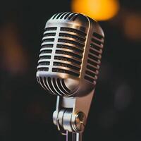 Retro silver microphone on a dark background. The concept of singing. Retro microphone on a stand in a recording studio, close-up. photo