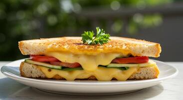 A sandwich with cheese and vegetables on a white plate photo