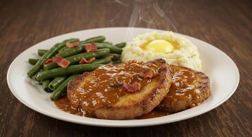 A plate of food with green beans, mashed potatoes and bacon photo