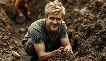 A man is smiling while digging in the dirt photo