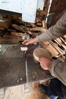 Carpenter Cutting Wood with a Bandsaw in a Rustic Workshop photo