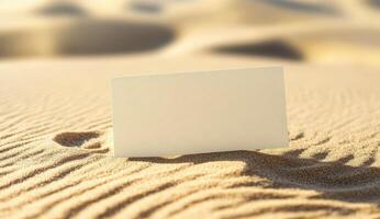 Photo of a blank business card mockup on sand, representing the desert environment.