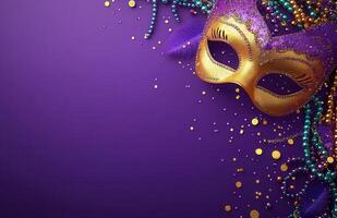 Mardi Gras background with beads, masks. photo