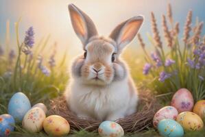 Adorable bunny nestled in a nest with colorful Easter eggs and springtime greenery photo