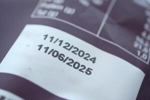 Expiration dates printed on a product label in clear font photo