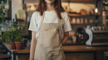 Woman in empty apron. Copy space in white uniform. Kitchen or restaurant worker with copyspace apron. Waiter wearing black mockup wear for brand or label photo