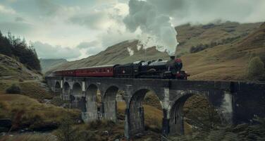 Train on mountain bridge. Rail on nature landscape. Railway transportation in viaduct. Outdoor railroad architecture. Tourism journey. Panoramic landmark photo