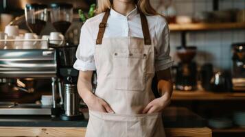 Woman in empty apron. Copy space in white uniform. Waiter wearing black mockup wear for brand or label. Kitchen or restaurant worker with copyspace apron photo