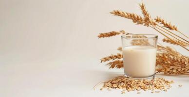 Oatmeal milk with cereal grain. Glass with protein diet. White fresh ingredient with copyspace. Antioxidant background with place for text. Vegetarian oat drink with flakes photo