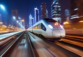 Blurred train on speed backdrop. Light motion trail. Neon railroad vehicle. Illuminated tunnel and station. Modern subway underground photo
