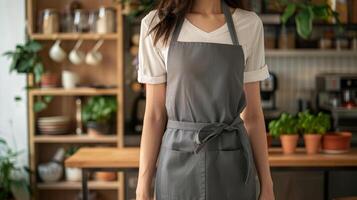 Woman in empty apron. Copy space in grey uniform. Waiter wearing black mockup wear for brand or label. Kitchen or restaurant worker with copyspace apron photo