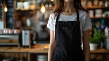 Woman in empty apron. Copy space in black uniform. Kitchen or restaurant worker with copyspace apron. Waiter wearing black mockup wear photo