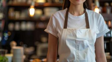 Woman in empty apron. Kitchen or restaurant worker with copyspace apron. Copy space in white uniform. Waiter wearing black mockup wear for brand or label photo