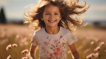 a little girl is running through a field of flowers photo