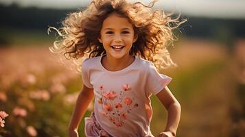 a little girl running through a field of flowers photo