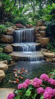 Beautiful waterfall over rocks surrounded by lush greenery and vibrant flowers flowing into a koi pond photo