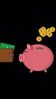 Coins Entering A Piggy Bank From A Wallet On Vertical Alpha Channel 2D Cartoon Animation video